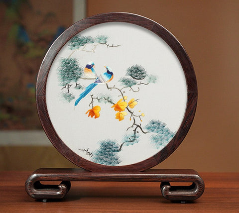 Flower and Bird Embroidery Ornaments, Unique Birthday Gift, Traditional Chinese Suzhou Silk Embroidered Ornament, Premium Souvenir, Exclusive Business Presents-artworkcanvas