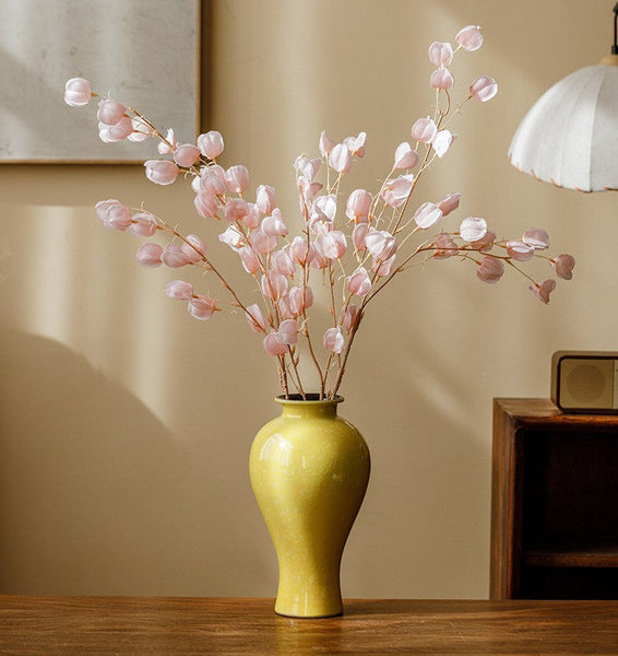 Porcelain Flower Vases, Handmade Water Holding Flower Vase, Yellow Flower Vases on Table, Ceramic Bud Vases-artworkcanvas