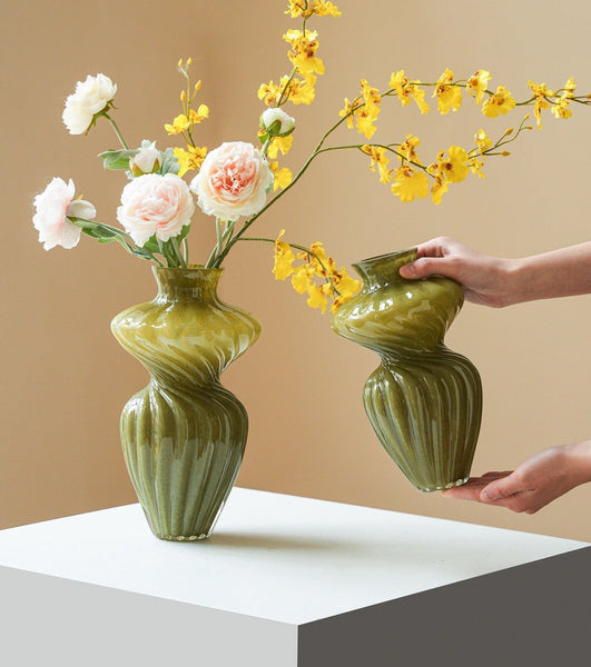 Handmade Contemporary Glass Vases, Modern Green Vases for Living Room, Mid Century Vases for Flowers, Unique Decorative Glass Vase, Centerpiece Vases on Table-artworkcanvas