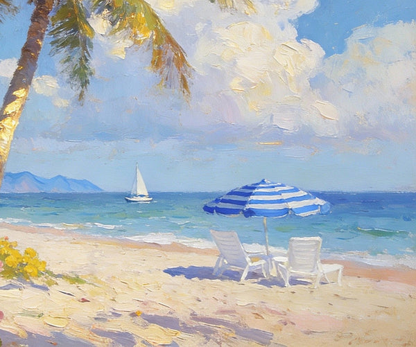 Small Landscape Paintings, Sunlit Tropical Shore, Flowers, Lounge Chairs and Calm Seas, On Canvas Small Paintings, Original Wall Art Paintings, Original Artwork Small Paintings, Impasto Artwork, Small Wall Paintings-artworkcanvas