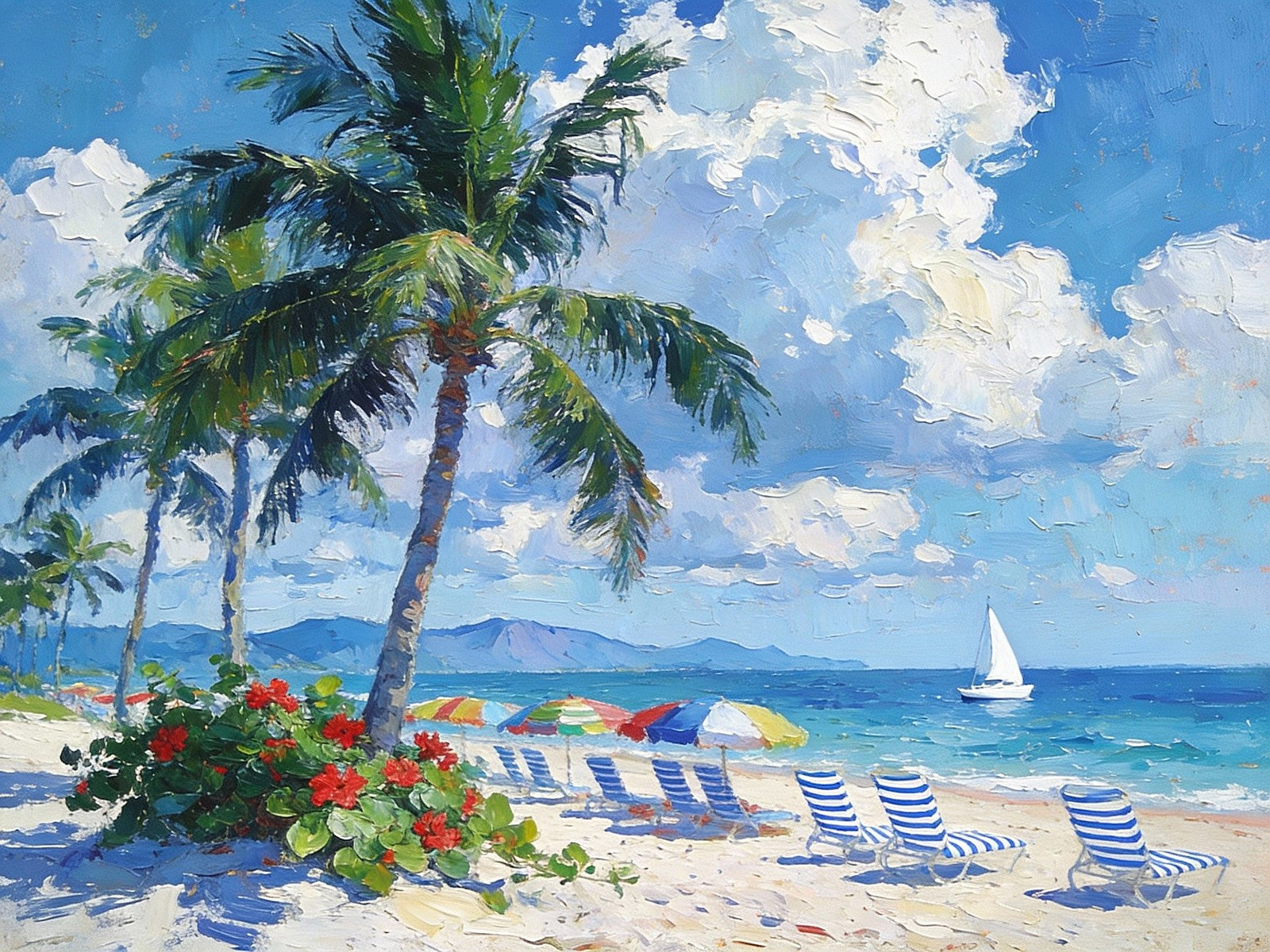 Florida Beach Vacation Sailboat Original Small Painting Hand Painted Canvas Art Seashore Landscape
