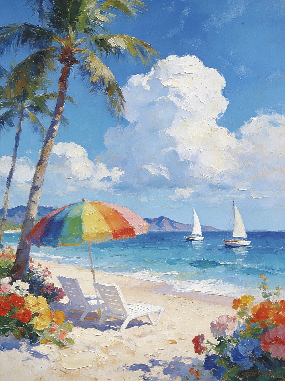 Florida Beach In Summer Impasto Paintings, White Sandy Shore, Blue Ocean Waves, Coastal Scene