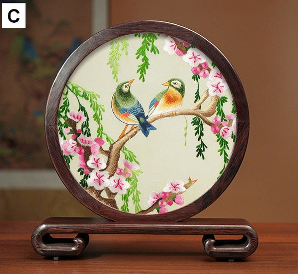 Premium Souvenir, Creative Birthday Gift, Elegant Silk Embroidery Ornaments, Traditional Chinese Suzhou Flower and Birds Silk Embroidery, Exclusive Business Presents-artworkcanvas