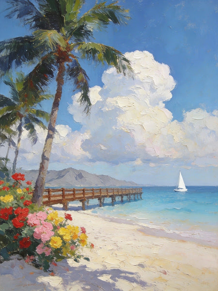 Landscape Canvas Paintings, A Coastal Scene with Blossoms and Blue Waters, Original Artwork Small Paintings, Hand Painted Canvas Art, On Canvas Small Paintings, Palette Knife Artwork-artworkcanvas