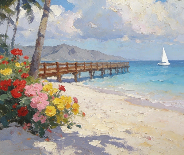 Landscape Canvas Paintings, A Coastal Scene with Blossoms and Blue Waters, Original Artwork Small Paintings, Hand Painted Canvas Art, On Canvas Small Paintings, Palette Knife Artwork-artworkcanvas