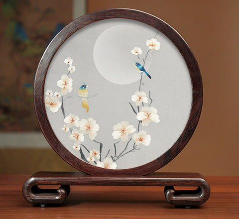 Premium Souvenir, Creative Birthday Gift, Elegant Silk Embroidery Ornaments, Traditional Chinese Suzhou Flower and Birds Silk Embroidery, Exclusive Business Presents-artworkcanvas