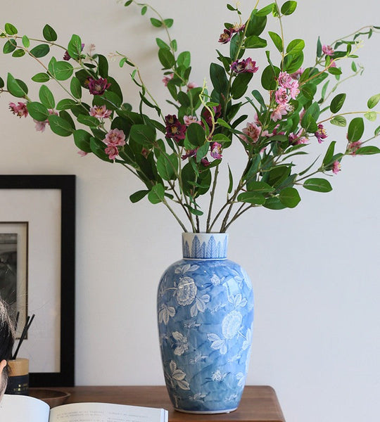 Centerpiece Ceramic Bouquet Vases, Handmade Modern Flower Vase, Large Flower Vases on Dining Table, Blue Porcelain Flower Vases-artworkcanvas