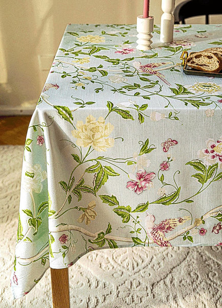 Singing Bird Tablecloth for Round Table, Kitchen Table Cover, Flower Table Cover for Dining Room Table, Modern Rectangle Tablecloth Ideas for Oval Table-artworkcanvas