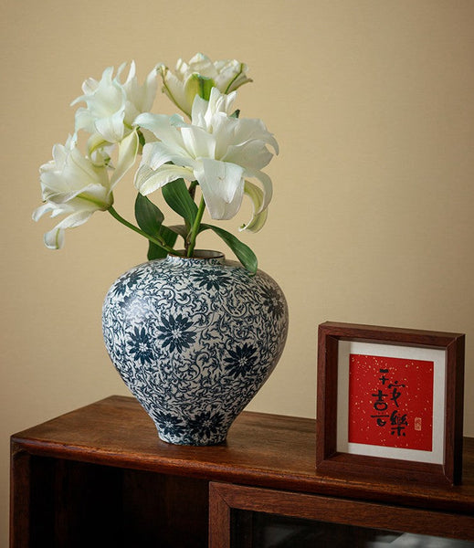 Vintage Bouquet Flower Vases, Centerpiece on Dining Table, Large Blue Flower Vase on Table, Handmade Porcelain Flower Vases Urn, Water Holding Flower Vases-artworkcanvas