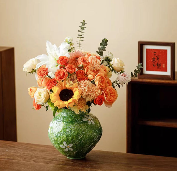 Modern Pottery Flower Vases, Centerpiece on Dining Table, Handmade Water Holding Flower Vases, Pottery Bud Vases, Large Green Flower Vases on Table-artworkcanvas