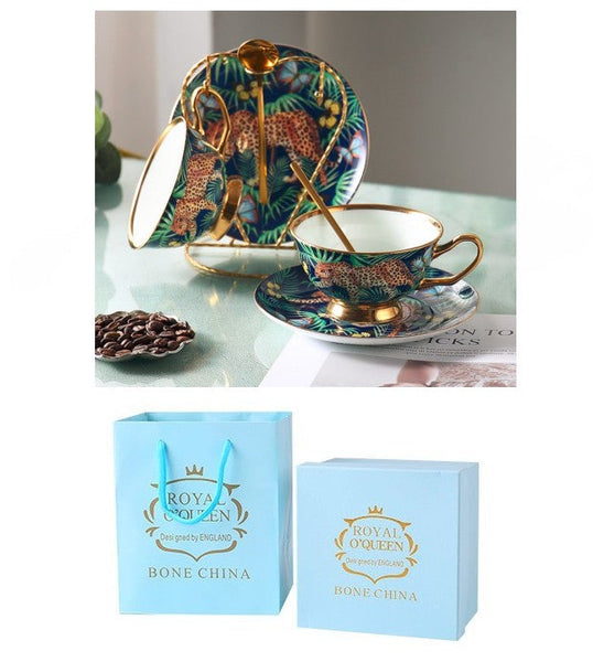 Creative Leopard Ceramic Coffee Cups, 6.8 oz Tea Cup and Saucer in Gift Box as Birthday Gift, Beautiful British Tea Cups, Creative Porcelain Tea Cup Set-artworkcanvas