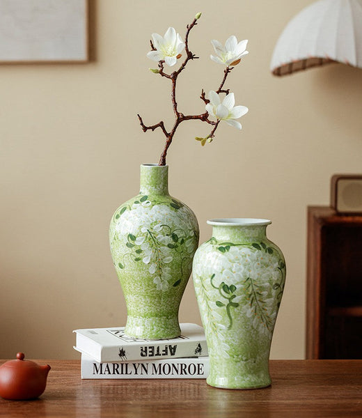 Large Flower Vases on Table, Green Porcelain Flower Vases, Centerpiece Ceramic Bud Vases, Handmade Water Holding Flower Vase-artworkcanvas
