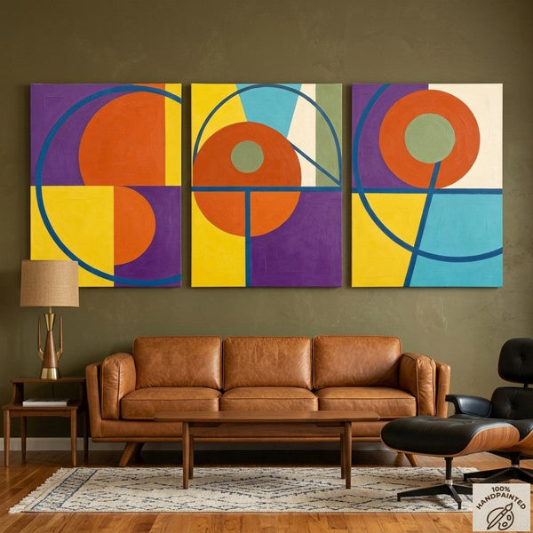 Geometric Pattern Contemporary Artwork, Abstract Paintings for Mid Century Modern Living Room, Multi Panel Canvas Art-artworkcanvas