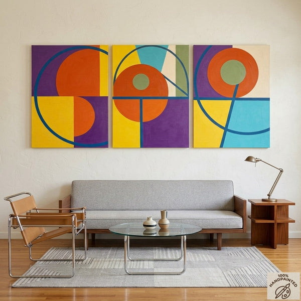 Geometric Pattern Contemporary Artwork, Abstract Paintings for Mid Century Modern Living Room, Multi Panel Canvas Art-artworkcanvas