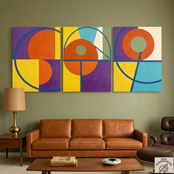 Geometric Pattern Contemporary Artwork, Abstract Paintings for Mid Century Modern Living Room, Multi Panel Canvas Art-artworkcanvas