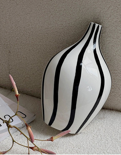 Water Holding Flower Vases, Black and White Striped Ceramic Vase, Porcelain Flower Vases, Modern Flower Vases on Table-artworkcanvas