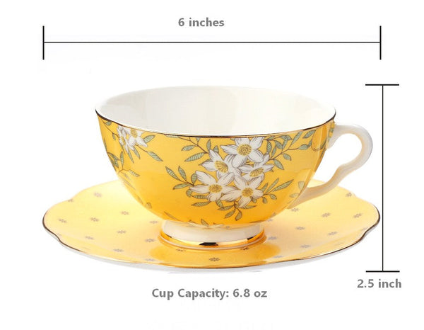 Creative Yellow Ceramic Coffee Cups, Unique Flower Coffee Cup and Saucer, Beautiful British Tea Cups, Creative Porcelain Tea Cup Set-artworkcanvas
