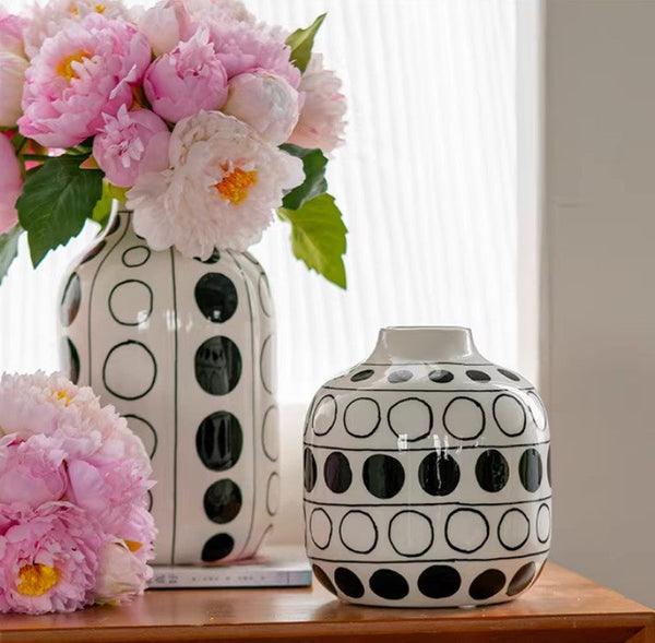 Ceramic Bud Vases, Black and White Polka Dot Flower Vase, Small Flower Vases on Table, Modern Porcelain Flower Vases, Handmade Water Holding Flower Vases-artworkcanvas