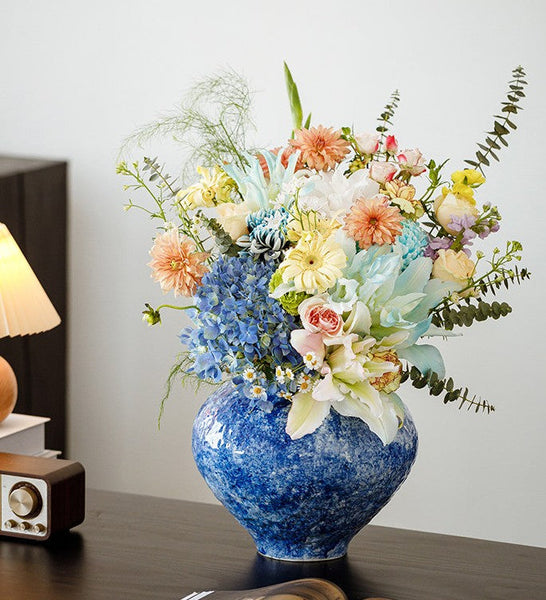 Modern Pottery Flower Vases, Handmade Water Holding Flower Vases, Centerpiece on Dining Table, Blue Pottery Bud Vases, Large Flower Vases on Table-artworkcanvas