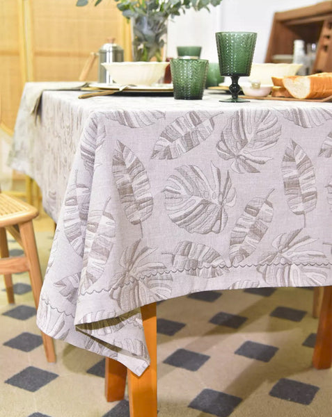 Monstera Leaf Modern Table Cloths for Kitchen, Simple Contemporary Grey Cotton Tablecloth, Large Rectangle Table Covers for Dining Room Table, Square Tablecloth for Round Table-artworkcanvas