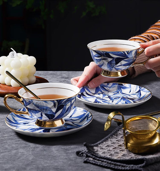 Blue Porcelain Tea Cup Saucer Set, 7.4 oz British Ceramic Coffee Cups, Unique British Tea Cup and Saucer in Gift Box-artworkcanvas