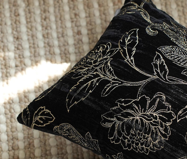 Contemporary Modern Sofa Pillows, Black Embroidery Flower Pattern Pillows for Couch, Decorative Throw Pillows for Bedroom, Large Modern Sofa Pillow for Dining Room-artworkcanvas