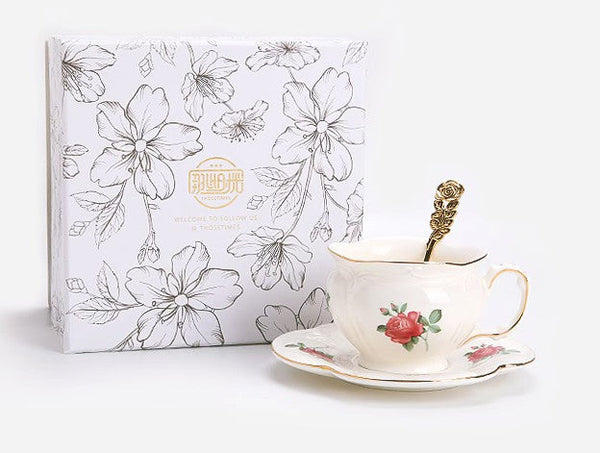 British Royal Ceramic Cups for Traditional Afternoon Tea, 7.4 oz Ceramic Coffee Cups, Rose Porcelain Tea Cup Saucer Set, 6.8 oz Tea Cup and Saucer in Gift Box-artworkcanvas