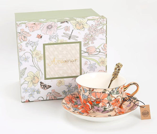 Elegant Ceramic Coffee Cups, Flower Porcelain Tea Cup Saucer Set, British Royal Ceramic Cups for Traditional Afternoon Tea, Unique Tea Cup and Saucer in Gift Box-artworkcanvas