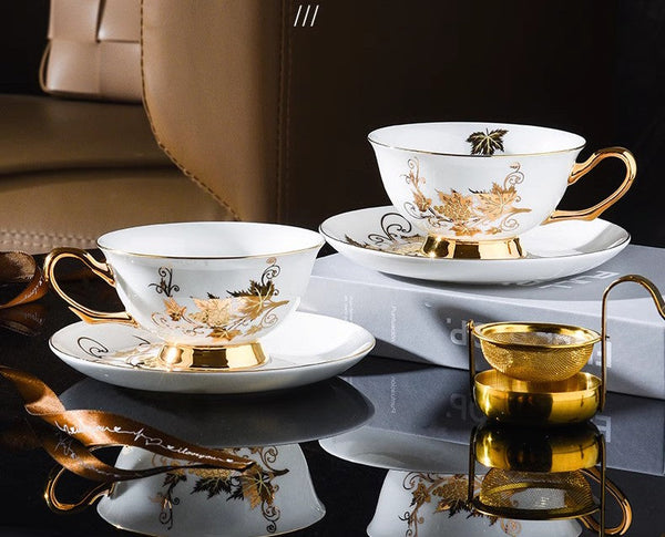 Elegant British Ceramic Coffee Cups, 7.4 oz Golden Leaves and Grapes Porcelain Tea Cup Saucer Set, Unique British Tea Cup and Saucer in Gift Box-artworkcanvas