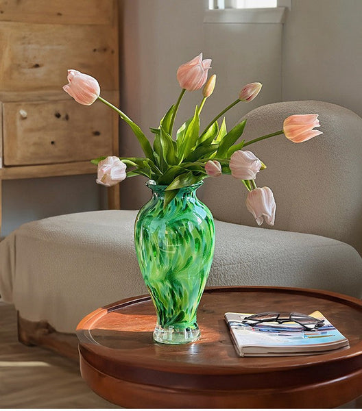 Large Green Glass Flower Vases, Modern Glass Flower Vases, Water Holding Flower Vases, Handmade Flower Vases on Table-artworkcanvas