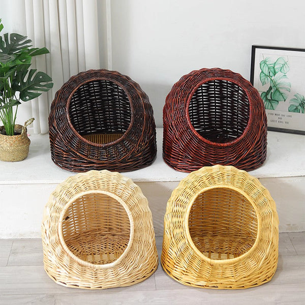 Natural Wicker Cat House Basket with Washable Cushion for Indoor Cats and Dogs, Rattan Cat Bed-artworkcanvas