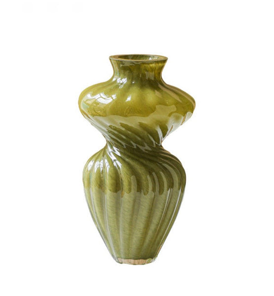 Unique Decorative Glass Vase, Centerpiece Vases on Table, Handmade Contemporary Glass Vases, Modern Green Vases for Living Room, Mid Century Vases for Flowers-artworkcanvas