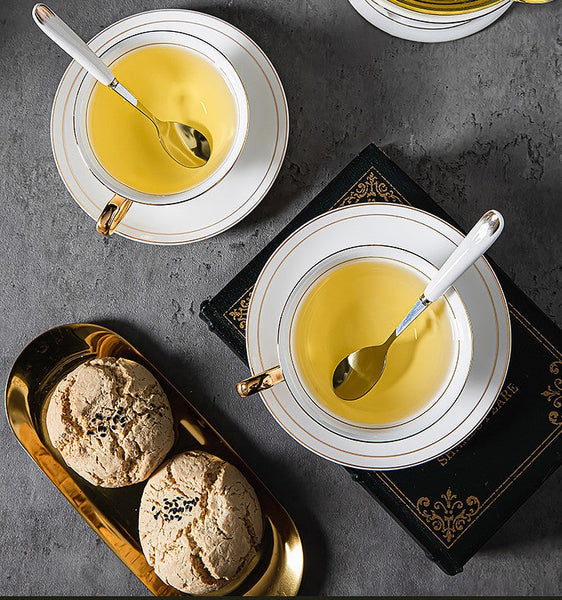 Porcelain Tea Cup Saucer Set, White Ceramic Cups, 7.8 oz British Ceramic Coffee Cups, Unique Tea Cup and Saucer in Gift Box-artworkcanvas