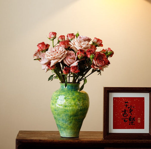 Modern Pottery Flower Vases, Handmade Water Holding Flower Vases, Pottery Bud Vases, Large Green Flower Vases on Table, Centerpiece on Dining Table-artworkcanvas