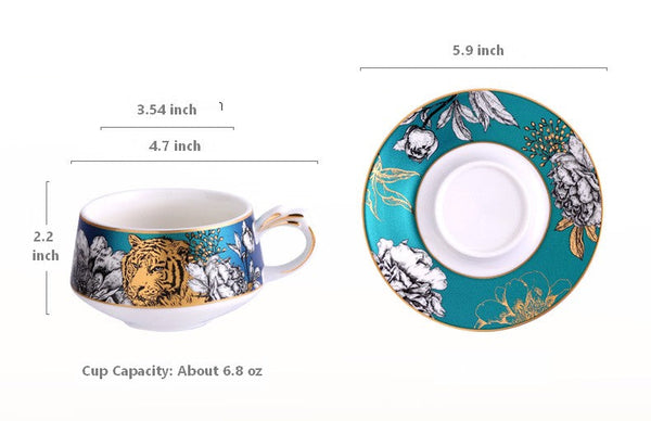 Creative Ceramic Tea Cup and Saucer, Jungle Tiger Cheetah Porcelain Coffee Cups, Unique Ceramic Cups with Gold Trim and Gift Box-artworkcanvas