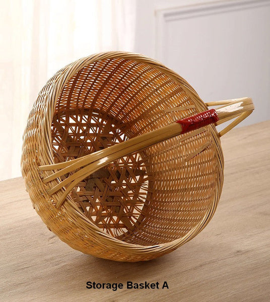 Natural Hand-woven Bamboo Basket, Natural Fruit Basket Kitchen Storage Baskets, Extra Large Picnic Food Basket with Handle, Lovely Bamboo Baskets for Vegetable-artworkcanvas
