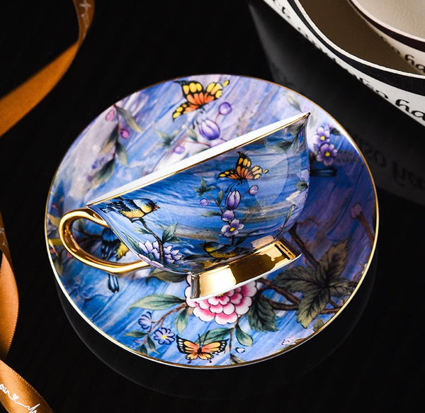 Blue Bird and Butterfly Porcelain Tea Cup Saucer Set, 7.4 oz British Tea Cup and Saucer in Gift Box, Elegant British Ceramic Coffee Cups-artworkcanvas