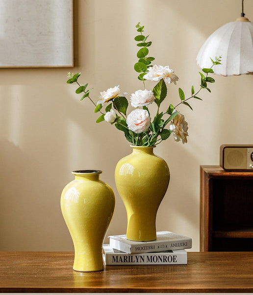 Porcelain Flower Vases, Handmade Water Holding Flower Vase, Yellow Flower Vases on Table, Ceramic Bud Vases-artworkcanvas