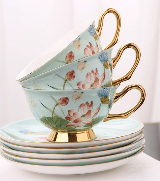 Lotus Flower Porcelain Tea Cup Saucer Set, Unique British Tea Cup and Saucer in Gift Box, Elegant British Ceramic Coffee Cups-artworkcanvas