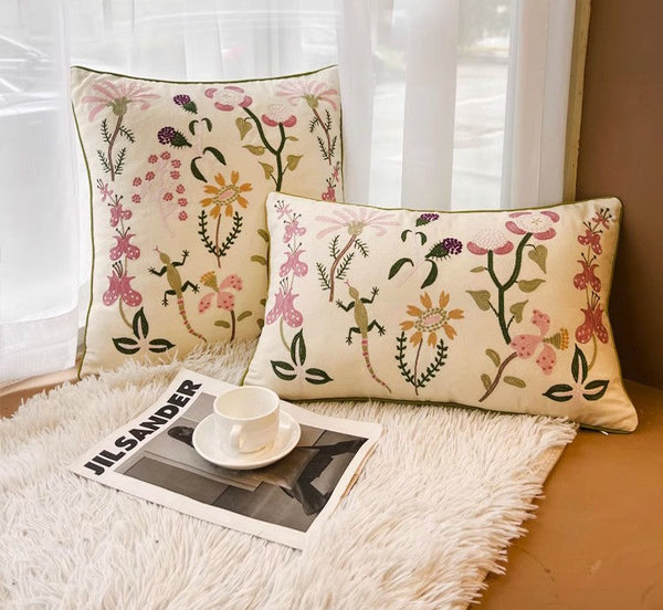 Embroider Flower Cotton Pillow Covers, Spring Flower Decorative Throw Pillows, Farmhouse Sofa Decorative Pillows, Flower Decorative Throw Pillows for Couch-artworkcanvas