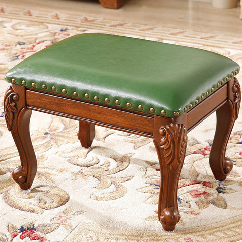 Genuine Leather Solid Wood Entry Bench, Vanity Stool, Solid Wood Ottoman, Rubberwood Entry Bench, Vintage Entry Stool-artworkcanvas