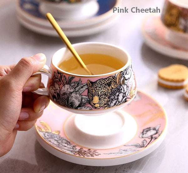 Creative Ceramic Tea Cup and Saucer, Jungle Tiger Cheetah Porcelain Coffee Cups, Unique Ceramic Cups with Gold Trim and Gift Box-artworkcanvas