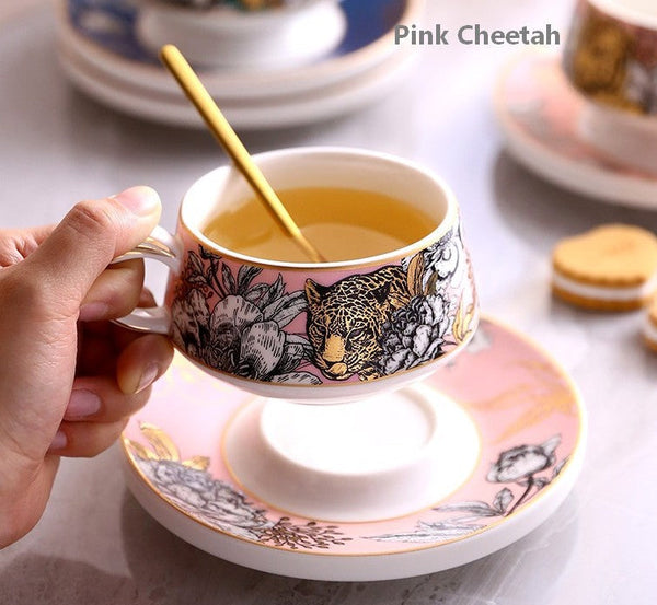 Handmade Ceramic Cups with Gold Trim and Gift Box, Jungle Tiger Cheetah Porcelain Coffee Cups, Creative Ceramic Tea Cup and Saucer-artworkcanvas