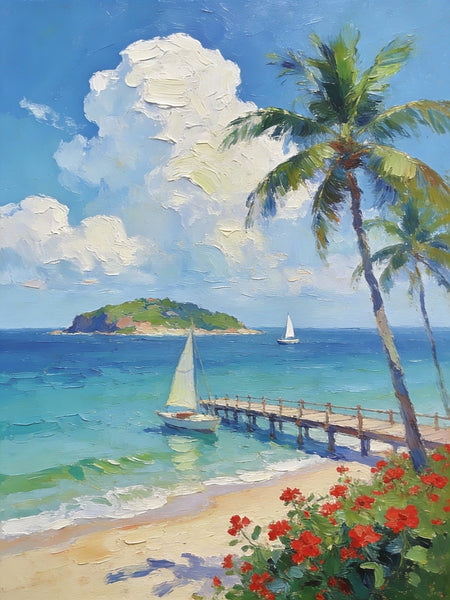 Canvas Paintings, Tropical Beach Retreat, Palm Trees, Sailboats, and Floral Paths, Original Artwork Small Paintings, Hand Painted Canvas Art, On Canvas Small Paintings, Palette Knife Artwork, Landscape Artwork-artworkcanvas
