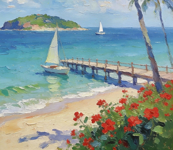 Canvas Paintings, Tropical Beach Retreat, Palm Trees, Sailboats, and Floral Paths, Original Artwork Small Paintings, Hand Painted Canvas Art, On Canvas Small Paintings, Palette Knife Artwork, Landscape Artwork-artworkcanvas