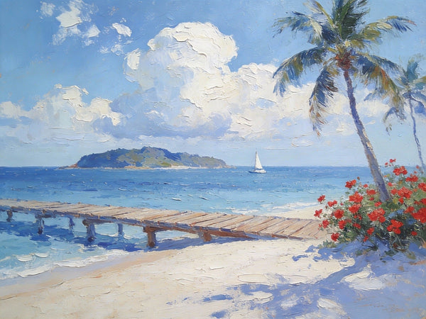 Simple Painting Ideas, Tropical Beach with Palm Trees and Dock, Small Wall Art on Canvas, Landscape Canvas Paintings, Impasto Wall Art Paintings, Original Oil Paintings-artworkcanvas