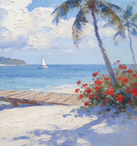 Simple Painting Ideas, Tropical Beach with Palm Trees and Dock, Small Wall Art on Canvas, Landscape Canvas Paintings, Impasto Wall Art Paintings, Original Oil Paintings-artworkcanvas