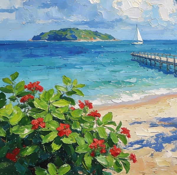 Original Small Paintings, Tropical Beach Retreat, Palm Tree, Flowers, and Calm Seas, Small Oil Paintings, Landscape Artwork Canvas Paintings, Small Wall Paintings-artworkcanvas