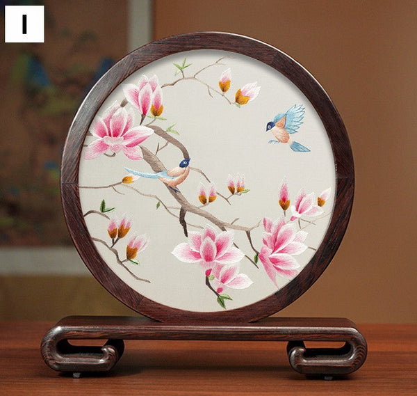 Flower and Bird Embroidery Ornaments, Unique Birthday Gift, Traditional Chinese Suzhou Silk Embroidered Ornament, Premium Souvenir, Exclusive Business Presents-artworkcanvas