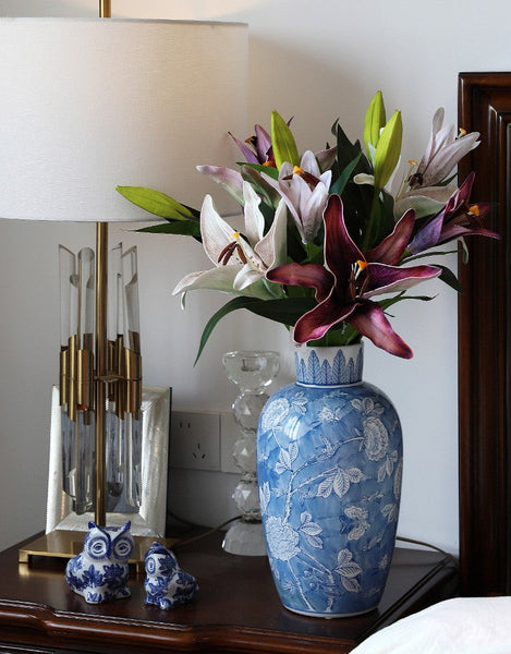 Centerpiece Ceramic Bouquet Vases, Handmade Modern Flower Vase, Large Flower Vases on Dining Table, Blue Porcelain Flower Vases-artworkcanvas